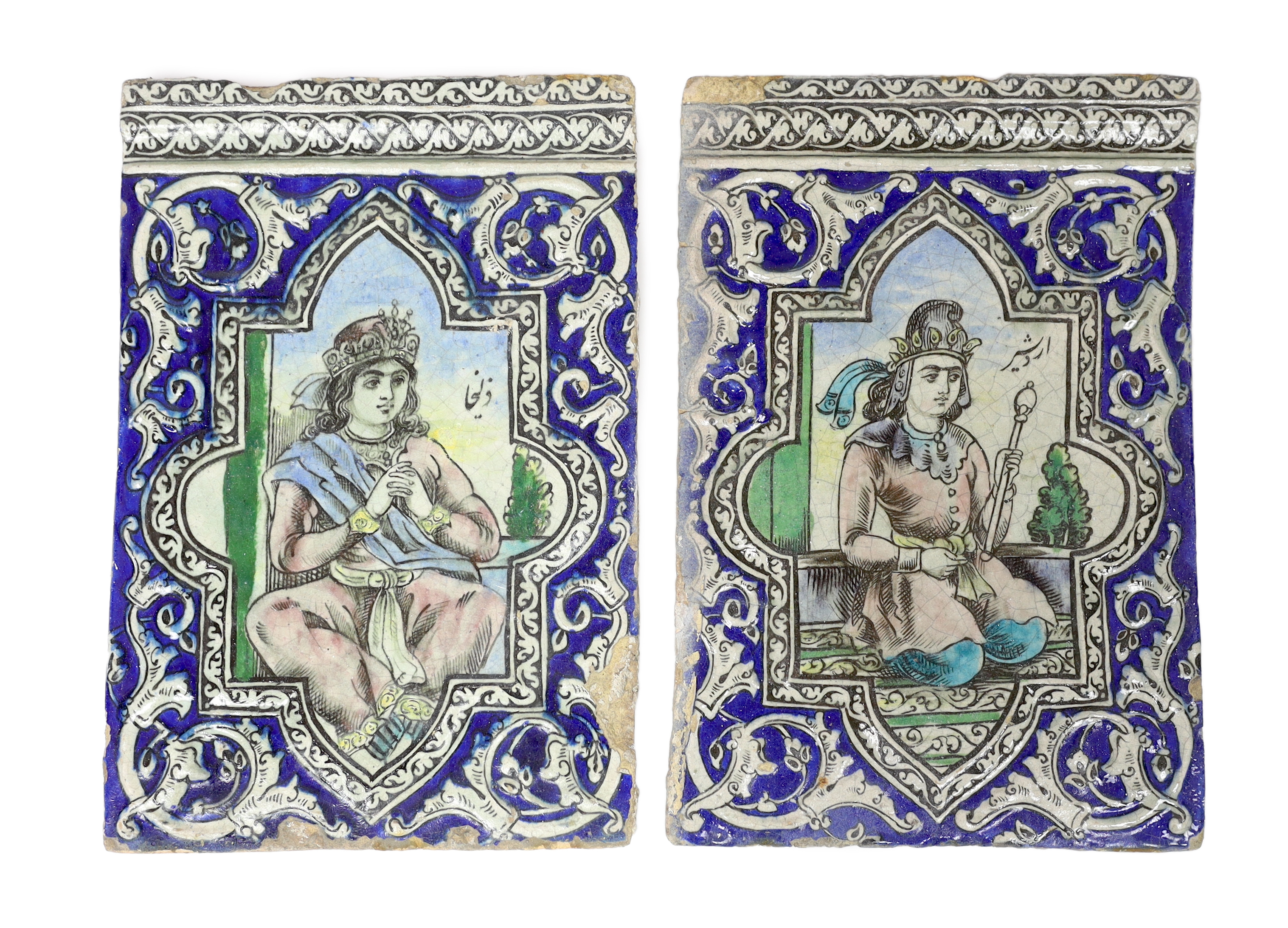 Two large Persian fritware polychrome ’portrait’ tiles, Qajar dynasty, 19th century, some faults